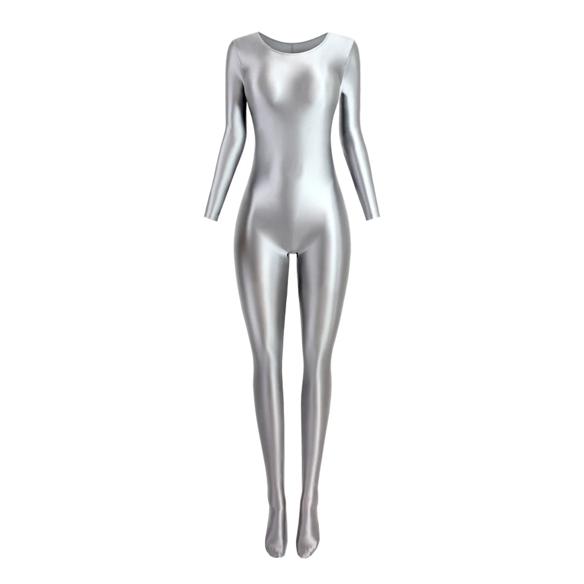 MJINM Women Smooth Overalls Long Sleeve Tights Round Neck Full Length Stretch Zentai Bodysuits Yoga Fitness One Piece Jumpsuits
