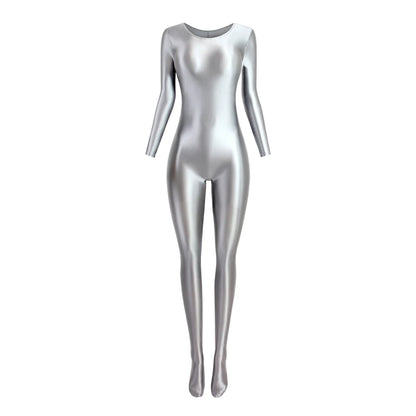 MJINM Women Smooth Overalls Long Sleeve Tights Round Neck Full Length Stretch Zentai Bodysuits Yoga Fitness One Piece Jumpsuits