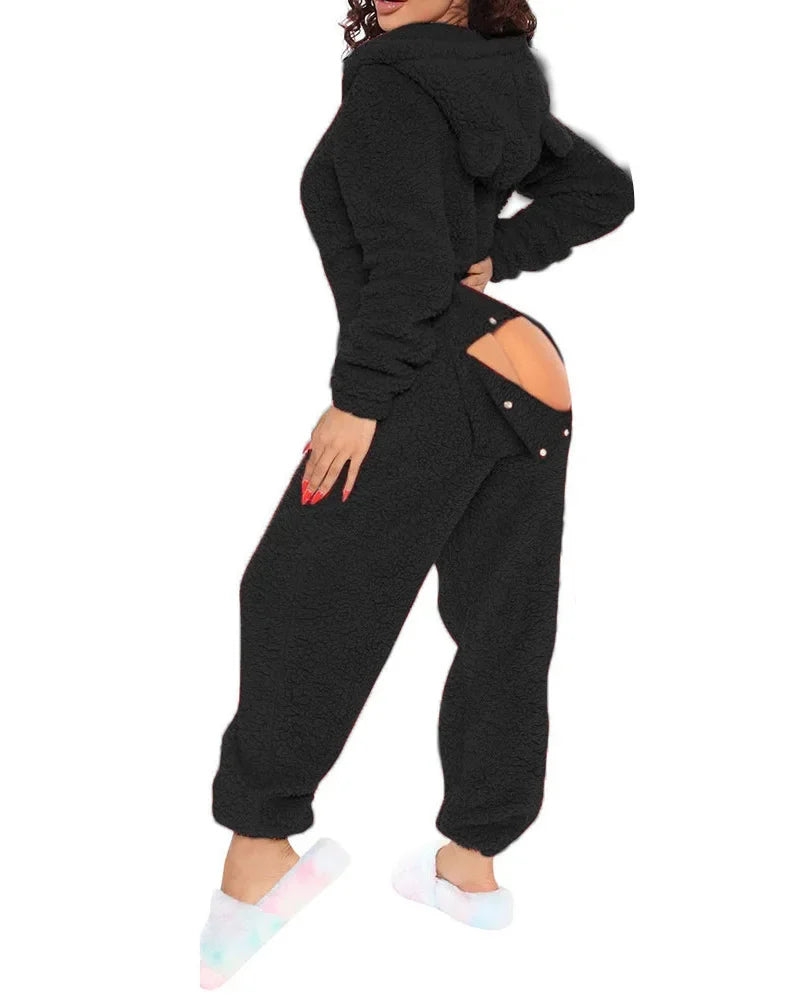 Women Jumpsuit Long Sleeve Pajama Zipper Hooded Jumpsuit Casual Winter Warm Sleepwear Sexy Butt Button Back Flap Home Clothing