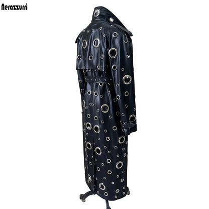 Nerazzurri Autumn Oversized Extra Long Pu Leather Trench Coat for Women Holes Hollow Out Luxury Designer Emo Streetwear Overcoat