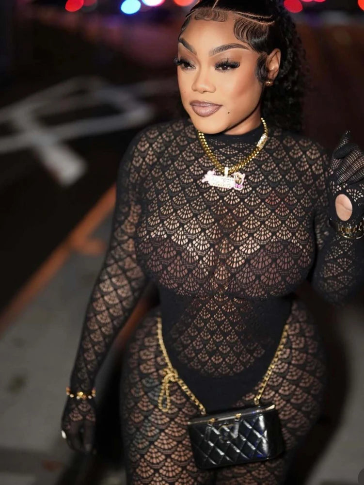 Women's Jumpsuits Lace See Through Mesh Stretch Rompers Sexy One Piece Backless Bodycon Jumpsuit Night Out Club Party Wear