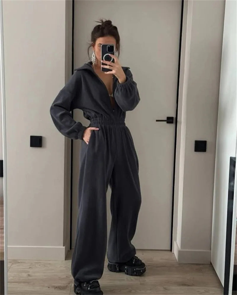 FSMG Casual Long Sleeve Half-Zip Sports Jumpsuits Women's Solid Loose Lapel Elastic Waist Tracksuits Comfy One-Piece Lounge Set