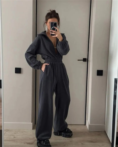 FSMG Casual Long Sleeve Half-Zip Sports Jumpsuits Women's Solid Loose Lapel Elastic Waist Tracksuits Comfy One-Piece Lounge Set