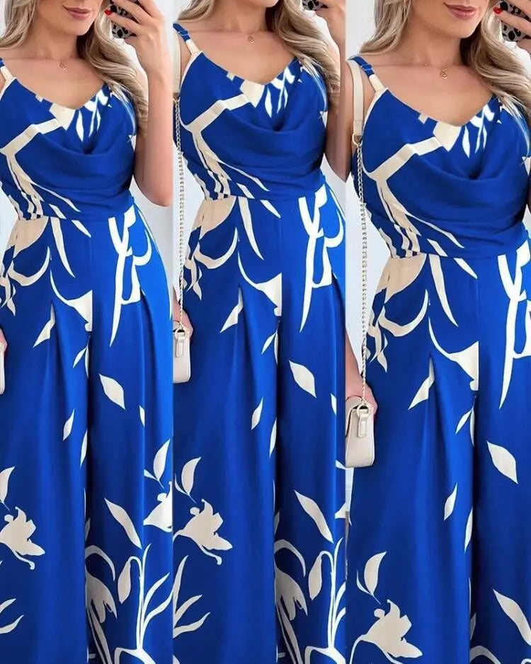 Women's Jumpsuit 2024 Summer Fashion Print Temperament Commuting Elegant Overalls Sleeveless V-neck Open Back Wide Leg Jumpsuits
