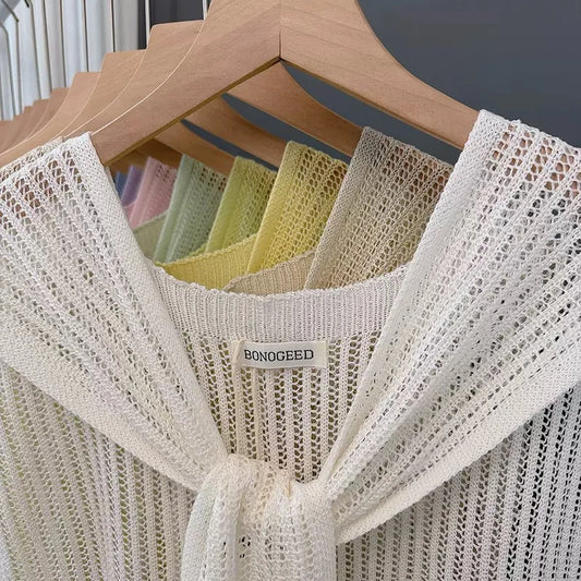 Lace Hollow Linen Knitted Shawl Summer Air Conditioning Fake Collar Neck Guard Knit Thin Knotted Cape Shoulder Scarf For Women