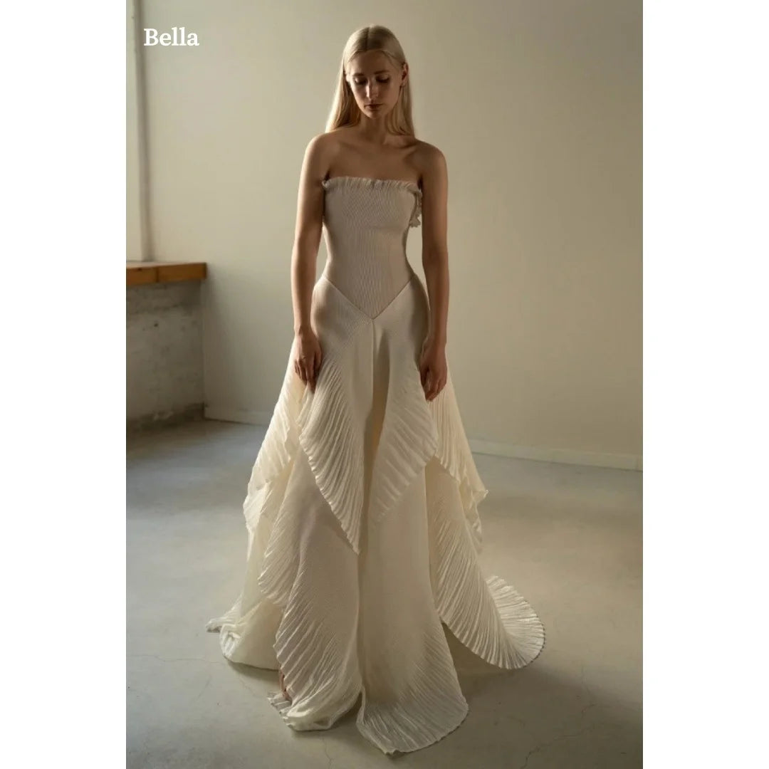 Bella Customized Ivory Strapless Prom Dress with Textured Corset Bodice and Pleated Asymmetrical Overlay Skirt robes de soirée