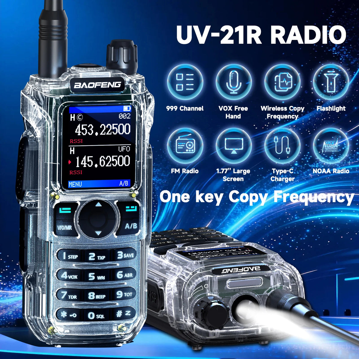 BAOFENG UV-21 PRO Auto Frequency Copy Walkie Talkie Ultra Long Range High Power Multi-Band Type-C Charger Portable Ham Radio