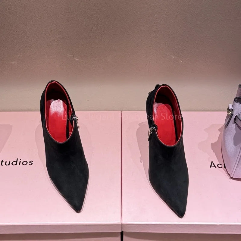 Black Suede Sword Shaped Pointed Stiletto Pumps Women Sliver Decor Side Zipper Shallow Ankle Boots Sexy Fashion Party Dress Shoe