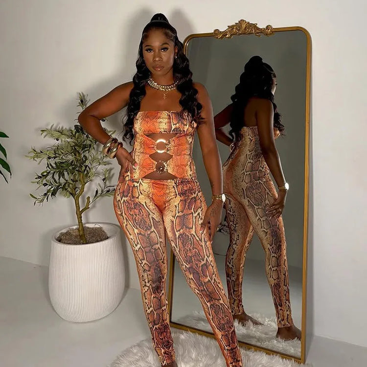 STYLISH LADY Snake Print Strapless Jumpsuits 2026 Women Hollow O Ring Sleeveless Bodycon Sexy Club Party Street Long Jumpsuit
