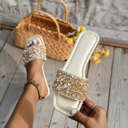 Glitter Bling Women Slippers Summer New Flat Beach Slippers Women Outdoor Luxury Sandals Designer Plus Size Shoes Slides Women