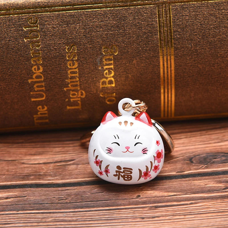New Japanese Cute Lucky Cat Bell KeyChains Car Bag Decor Water Sound Bell Pendant Charm Keys Couple Gifts Keyring Pray Keyfob