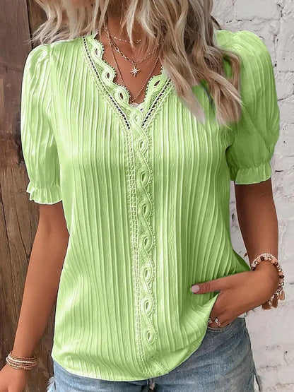 Elegant Women Blouse Shirt V Neck Lace Patchwork Short Sleeve Shirts For Women Summer Lady Tops