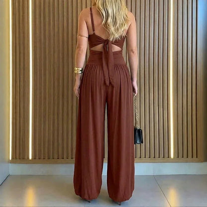 Women's Casual Halter Jumpsuits Spring Summer Daily Solid Slim-Fit Backless Sleeveless Jumpsuit Lady's Hollow Romper Trousers