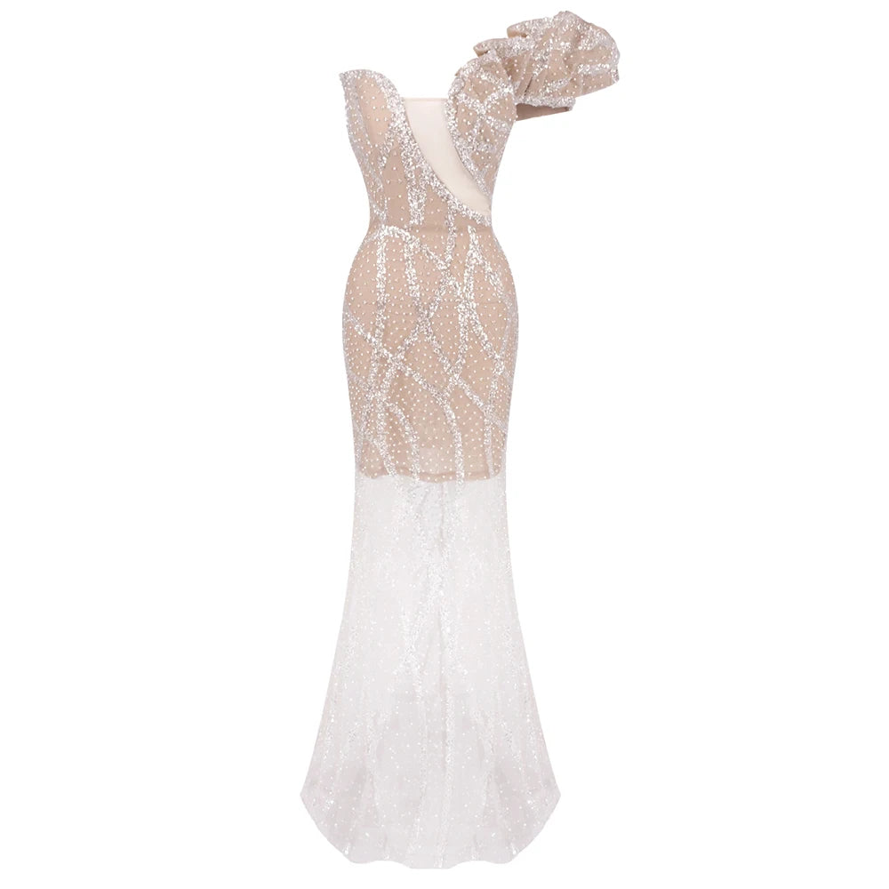 VC Glamorous One-shoulder Sleeveless Beige Crystal Embellished Dress Party Evening Gown