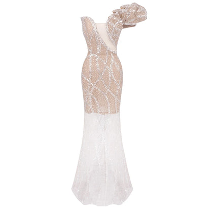 VC Glamorous One-shoulder Sleeveless Beige Crystal Embellished Dress Party Evening Gown