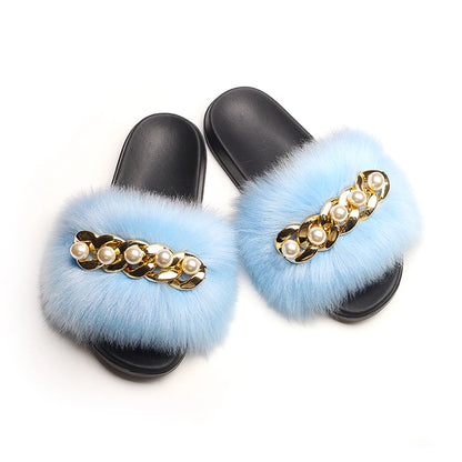 Fluffy Slippers Women Flip Flops Luxury Pearl Chain Faux Fur Slides Flat House Slippers Beach Summer Sandals Ladies Casual Shoes