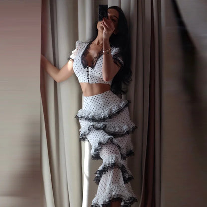 2026 Summer Fashion Square Neck Ruffled Crop Top & Pleated Midi Skirt 2-Piece Set Elegant Boho Resort Vacation Casual Outfits
