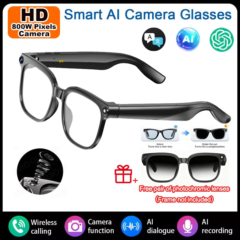 New Smart Glasses 800W HD Pixel Camera Dual Speakers 290mAh Battery Real-time Translation Al Voice Assistant Men Sunglasses