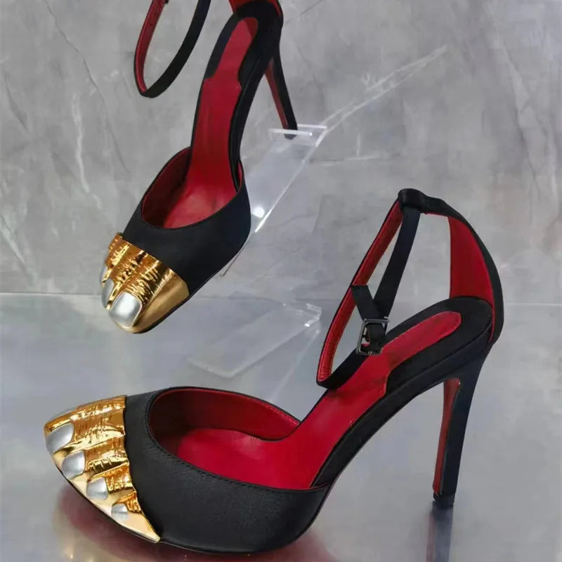 Novelty Stiletto Sandals For Women Pointed Toe Ankle Strap Designer New Brand Luxury Female Shoes Cool Elegant Metal Decoration