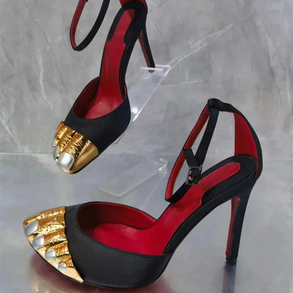 Novelty Stiletto Sandals For Women Pointed Toe Ankle Strap Designer New Brand Luxury Female Shoes Cool Elegant Metal Decoration