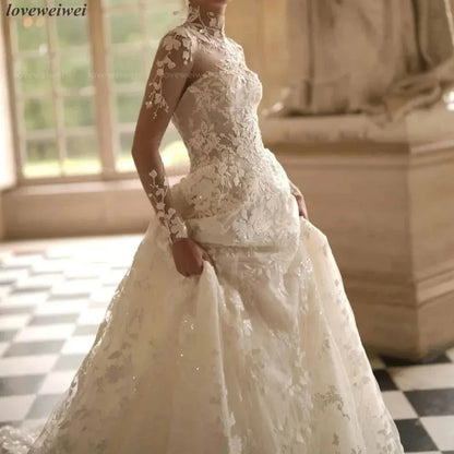 Customized Wedding Dress Gorgeous Long Sleeve Luxury Bride Gowns High Neck Bridal Dresses Lace Applique Vestido De Novia Boda