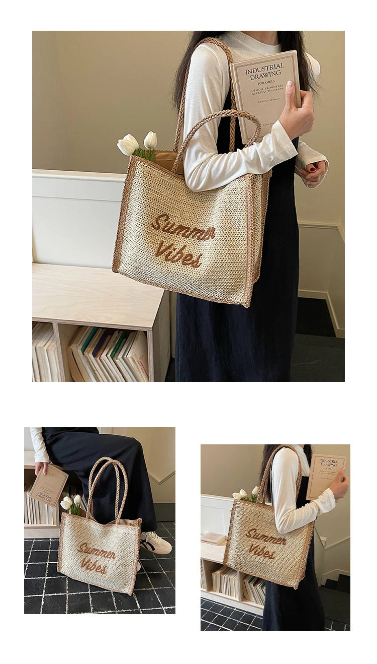 Large Capacity Women Tote Bag 2026 New Fashion Hand-made Straw Bag Female Shoulder Handbag Causal Commuter Bags for Ladies