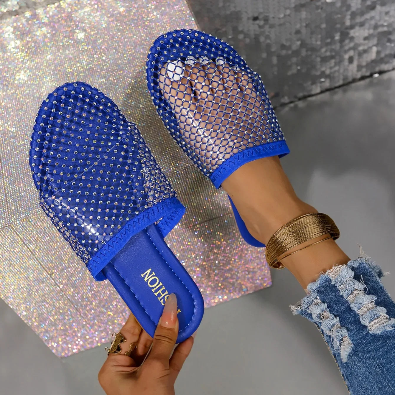 Women Slippers Summer Sexy Mesh Indoor Home Sandals Square Toe Female Flat Slippers Outdoor Clogs Beach Slippers Slides Women