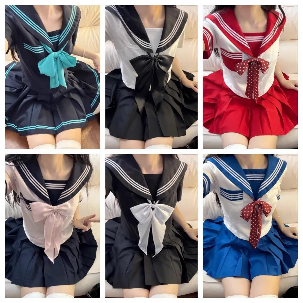 Japanese Sailor Suit Black/White/Red/Pink Korean College Sailor Fuku Short Sleeve High School Girls Students Jk Uniforms Seifuku