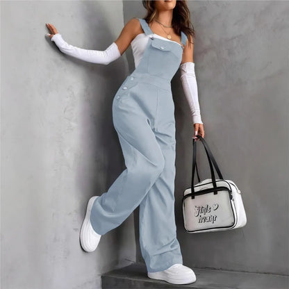 New Casual Women's Jumpsuit Spring Summer Solid Color Simple Loose Retro Style Sleeveless High Waist Backless Wide Leg Overalls
