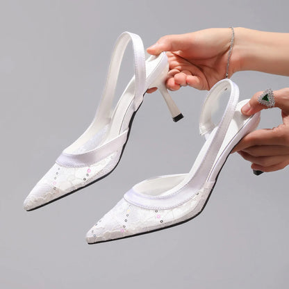 Elegant Lace Mesh High Heeled Sandals Women Luxury Bling Back Strap Brand Designer Shoes Fashion Pointy Toe Party Dress Shoes