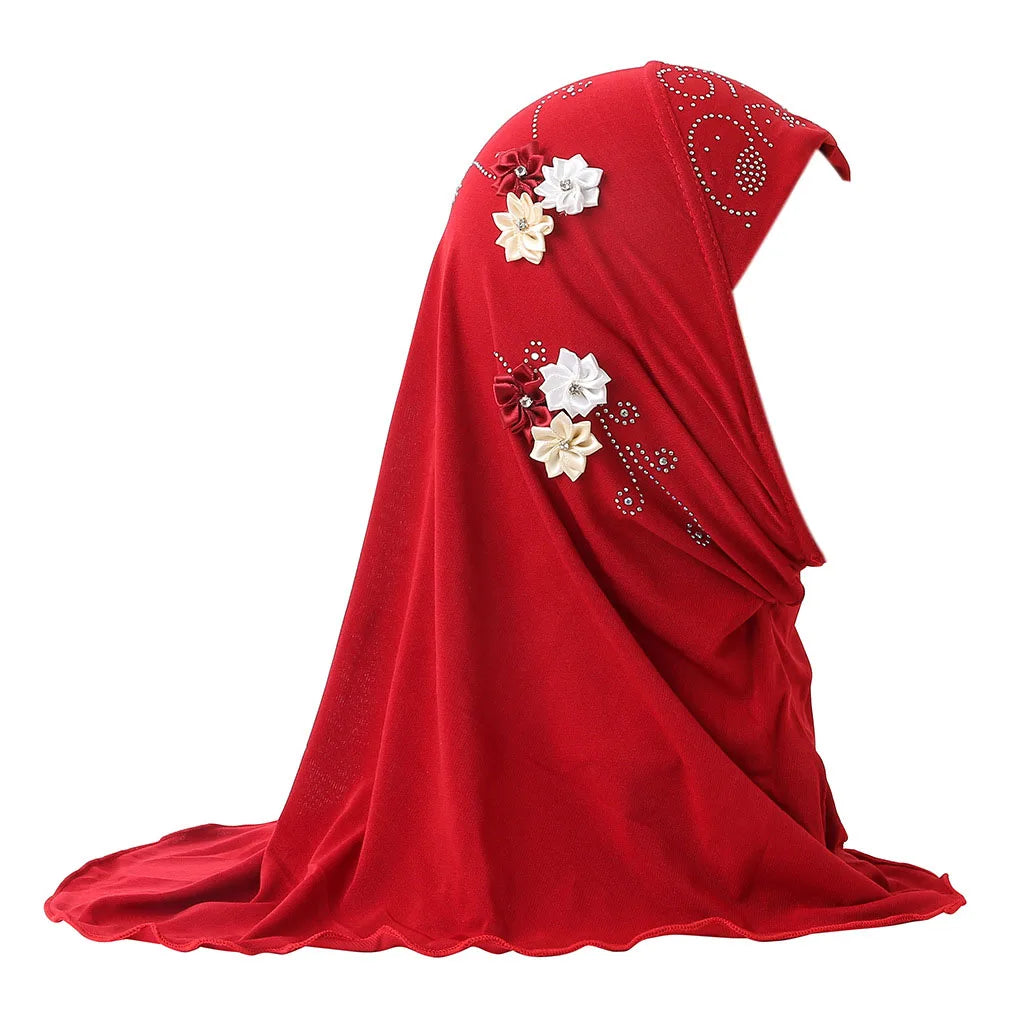 BOHOWAII Kids Girls Muslim Instant Hijab Ready To Wear Islamic Shawls Turban with Flowers Scarfs Jersey Head Wrap (2-7 Y)