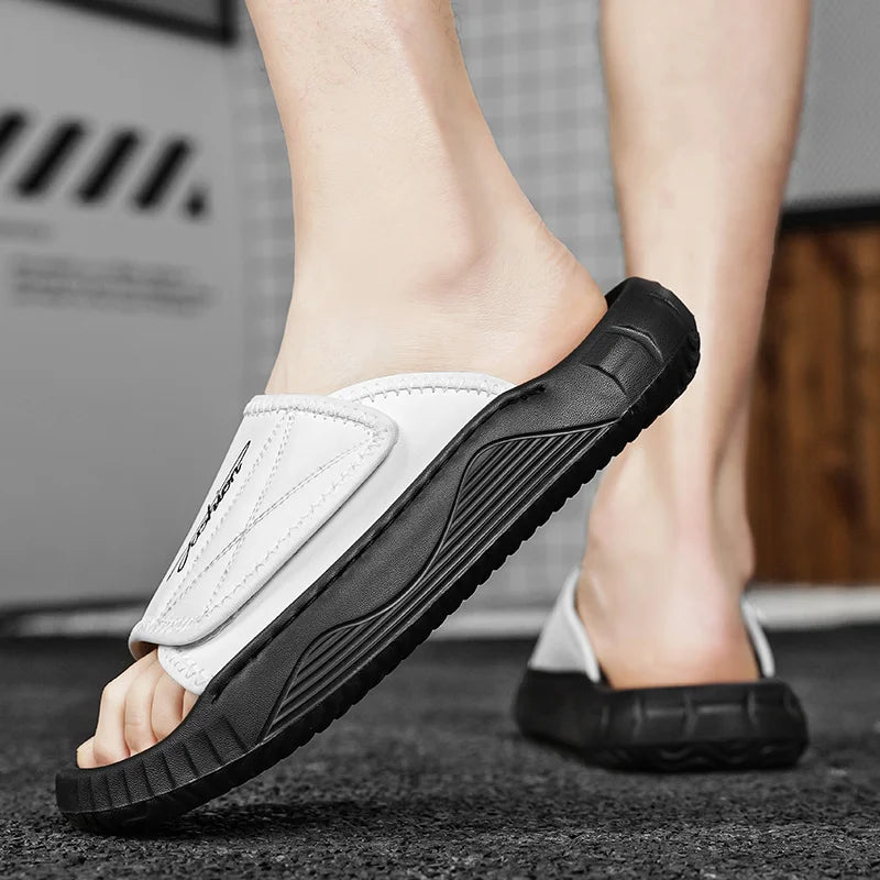 Leisure Walk Mens Slippers Outdoor Leather Male Slides Sneakers Summer Beach Shoes Sandals for Male Large Size Casual Half Drag