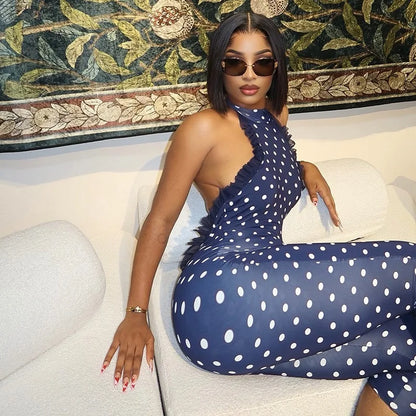 Women's Gauze Patchwork Dot Print Lace-Up Halter Sleeveless Waistband Backless Sexy Bodycon Jumpsuits