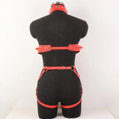 Women'S Sexy Gothic Vegan Faux Leather Full Body Harness Belt, Garter Belt Set