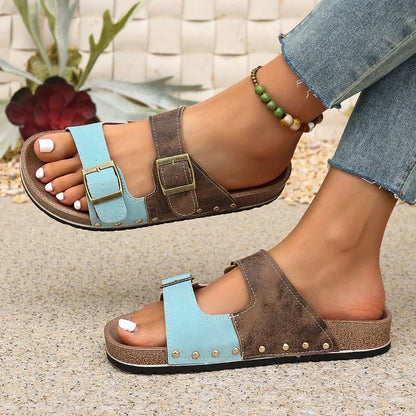 Women's Luxury Metal Buckle Decorated Slippers New Retro Thick-Soled Casual Shoes Summer Outdoor Vacation Beach Slippers Size43