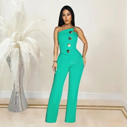 Sexy Backless Strapless Jumpsuit Summer Women Fashion Solid Button Sleeveless Slim Fit Wrap Hip Jumpsuits Elegant Office Romper