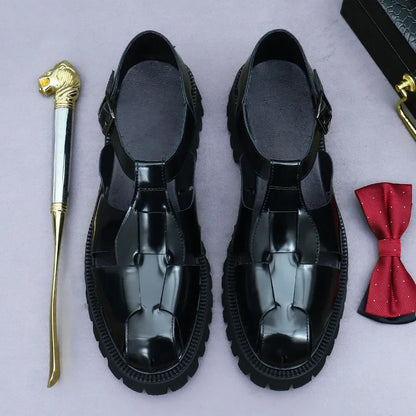 4.5Cm Thick Sole Heightening Sandals Men's Glossy Cowhide Buckle Business Casual British Genuine Leather Summer Sandals for Men