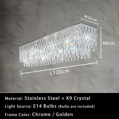 Luxury Crystal Long Pendant Lights Modern Lustres LED Chrome Hanging Lamps for Ceiling Silver Home Decor for Dining Room Remote