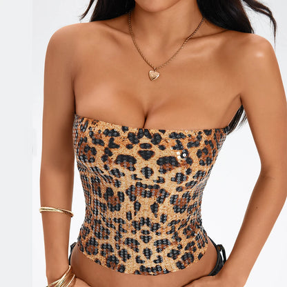 Anfilia Women's Sexy Nightclub Leopard Print Sequin Halter Top, Back Zipper, Slim Fit Inner Tank, Fashionable Y2K Style Tops
