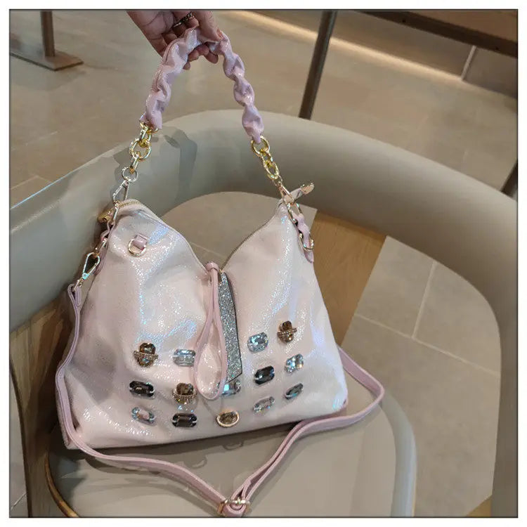2026 New Fashion Diamonds Women Handbags Genuine Leather Tote Bag Large Capacity Work Commute Leisure Versatile Shoulder Bags