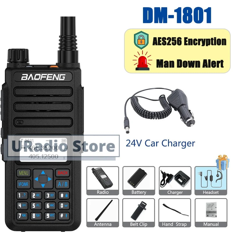 Baofeng DM-1801 DMR Digital Walkie Talkie Radio AES256 Man Down Seamless Roaming SMS Customizable Side Button Dual Band DR-1801