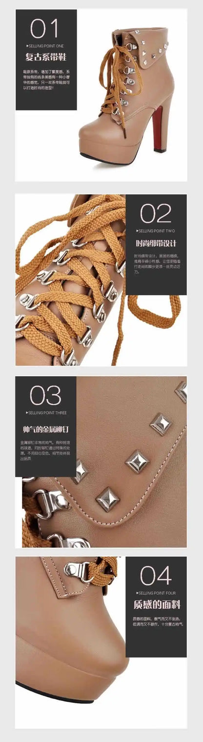 Autumn Waterproof Platform Chunky White High Heels for Women Solid Color Round Head Front Lace-up Low Leg Punk Rivet Ankle Boots