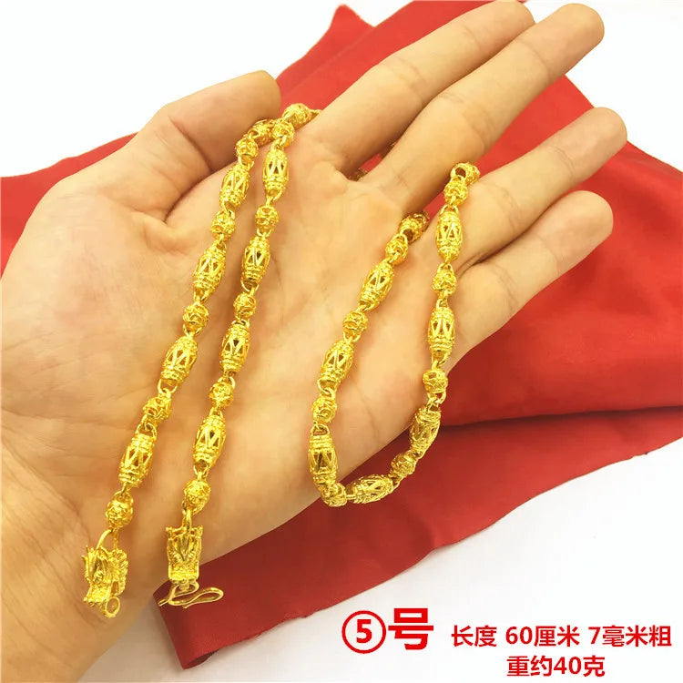 Bold Collection Necklace Men's 24K Gold AU999 - 24K Gold Double Dragon Head Bead, Hexagonal Cloud, Prestige Heirloom