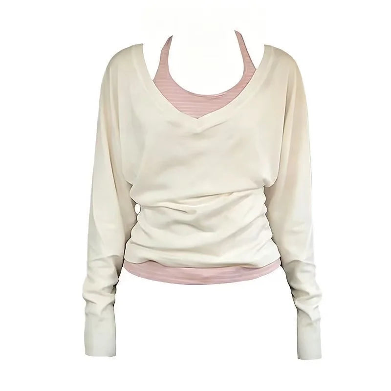 Korean Fashion Elegant Patchwork Lace Tops Slim Casual Long Sleeve Blouse 2000s American Vintage Sweet Pullover Chic