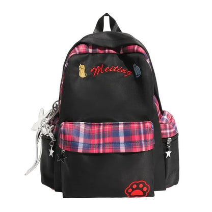 Preppy Style Blue Backpack for Girls, Plaid Spliced School Bag, Cute Nylon Daypack Star Pendant, Large Capacity Student Rucksack