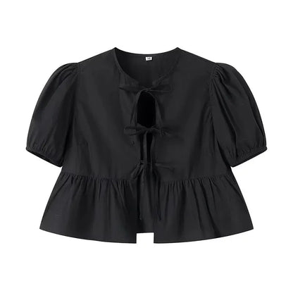 MUJER Leopard Print Crop Top Women Puff Sleeve Ruffle Blouses Woman 2025 Summer Shirts and Blouses for Women Ruched Ladies Tops