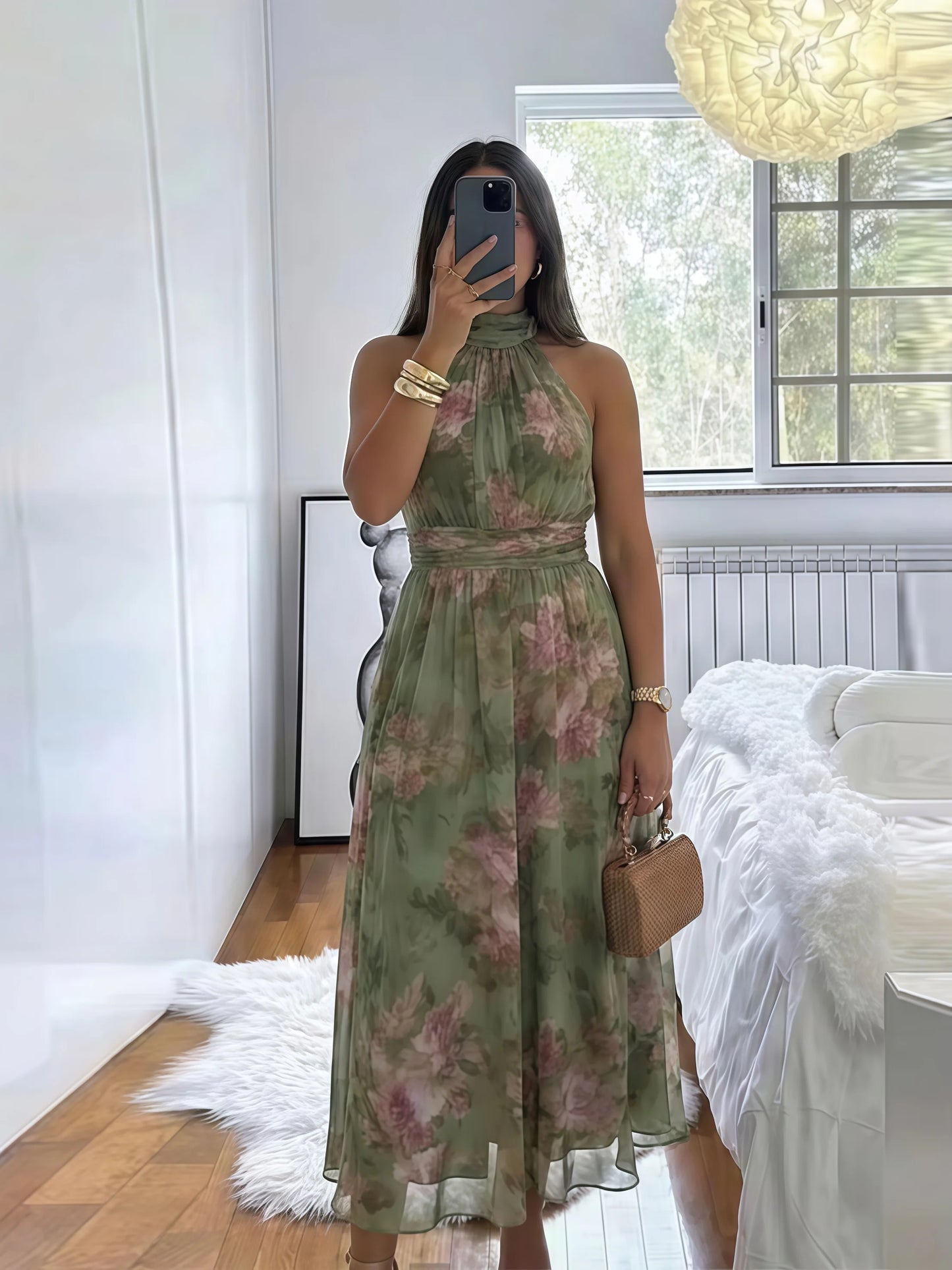 SINGREINY Elegant Green Floral Halter Chiffon Maxi Dresses Trendy Sleeveless A-line 2026 Women Floral Wedding Guest Party Dress