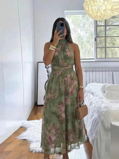 SINGREINY Elegant Green Floral Halter Chiffon Maxi Dresses Trendy Sleeveless A-line 2026 Women Floral Wedding Guest Party Dress