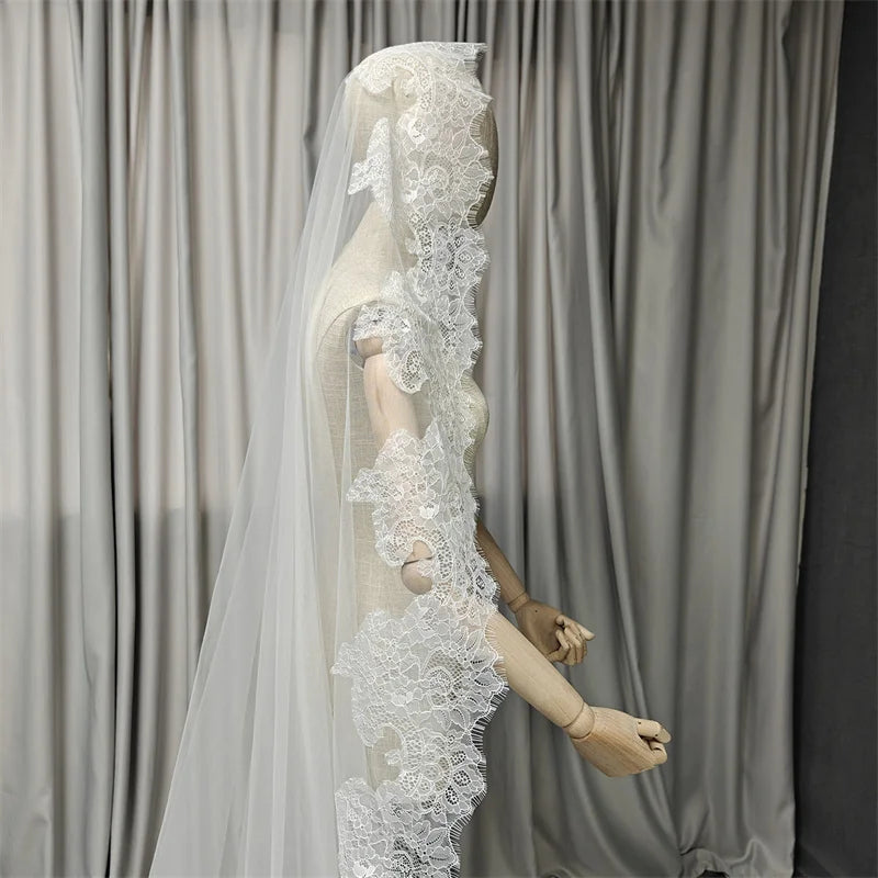 Customized Long Mantilla Veil with Eyelash Lace, 2.5m/3m Ivory Veil with Hidden Comb, Chantilly Eyelash Lace Wedding Veil