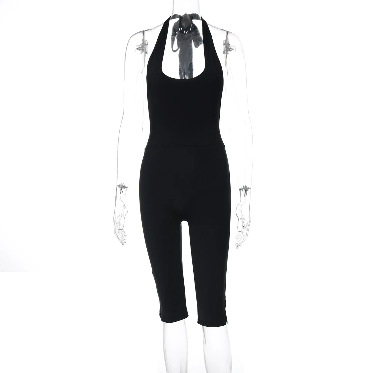 Hugcitar Halter Square Collar Black Sexy Backless Bandage Slit Skinny Playsuit Fashion Women One Piece Romper Streetwear Fitness